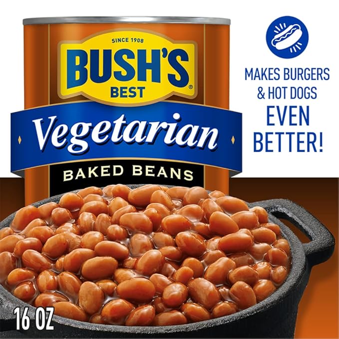BUSH'S BEST 16 oz Canned Vegetarian Baked Beans, Source of Plant Based Protein and Fiber, Low Fat, Gluten Free, (Pack of 12)