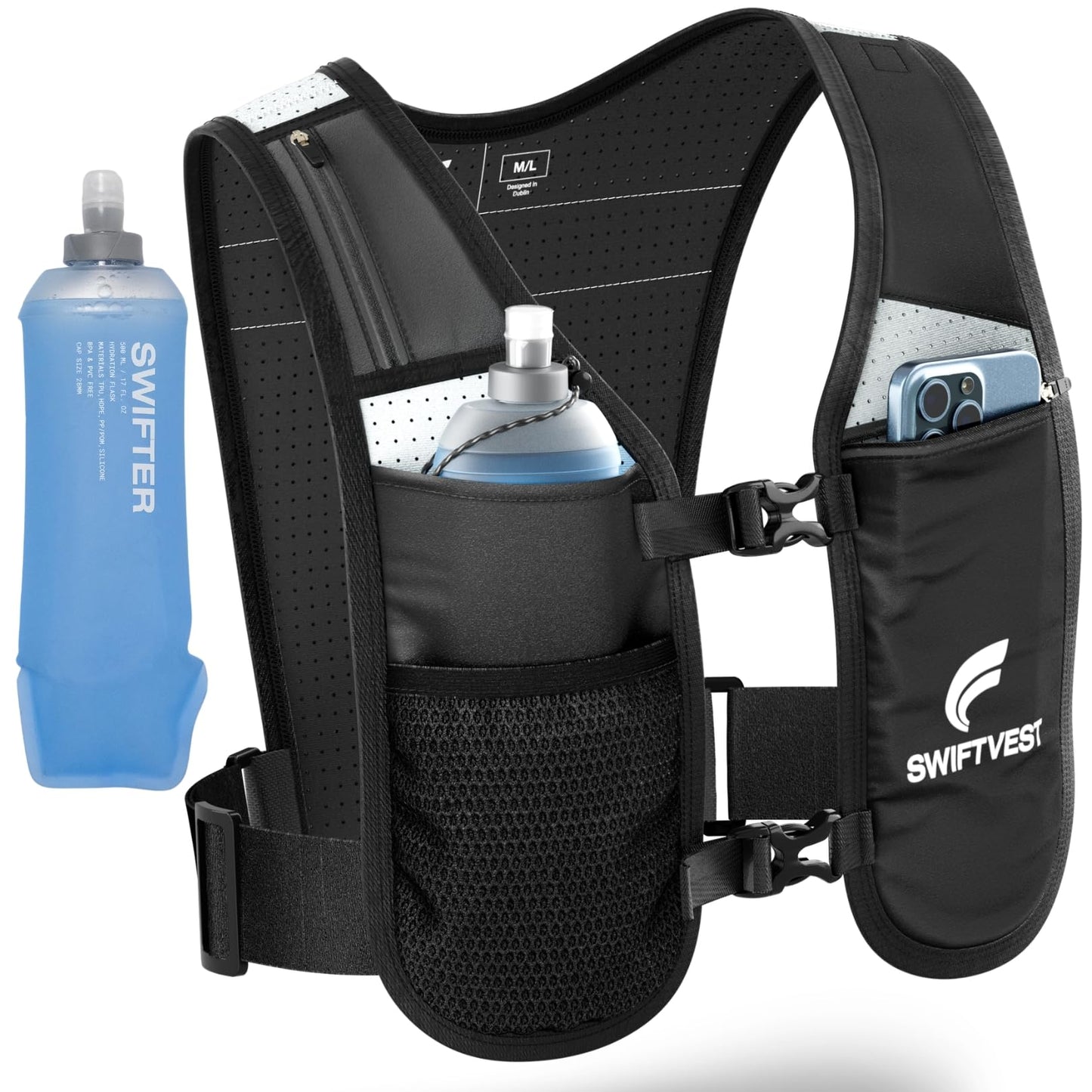 SWIFTVEST Running Vest for Women & Men with Water Bottle | Lightweight Hydration Vest | Reflective