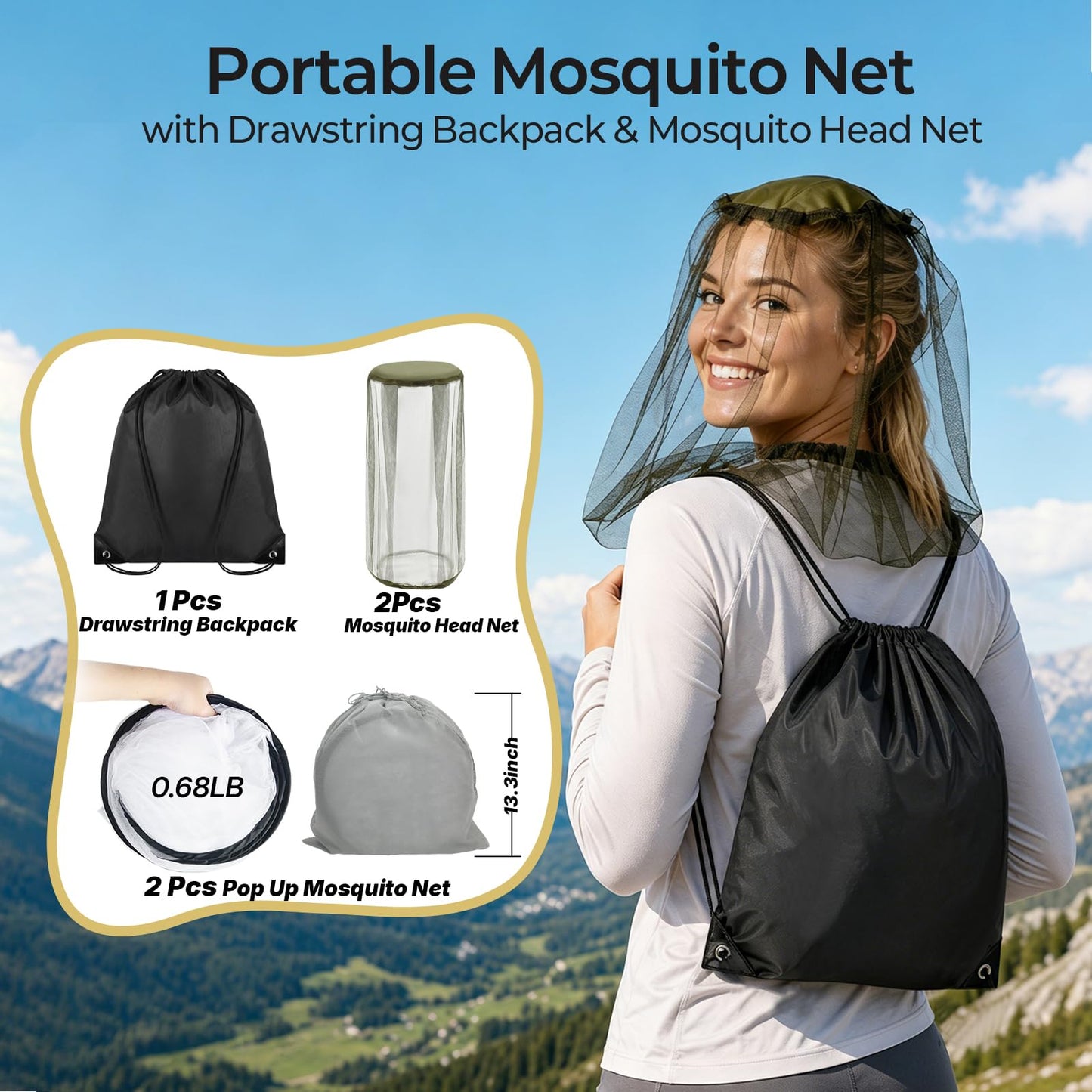 MicMingle 2 Pcs Black Pop Up Mosquito Net for Bed with Drawstring Bag Mosquito Head Net, 78 x 31 x