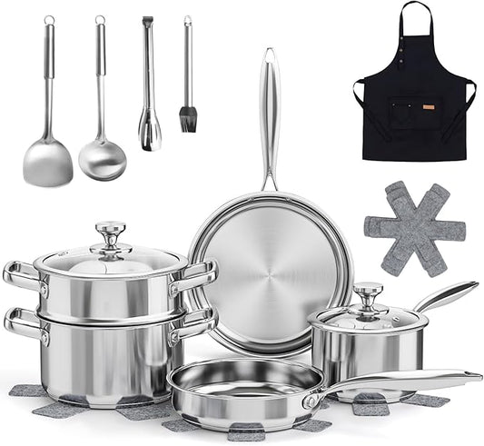 Meythway 𝐇𝐄𝐀𝐕𝐘 Pots and Pans Set Non Toxic, 16PCs Stainless Steel Cookware Set with Steamer, Kitchen Induction Cookware with Utensil Sets, Pot Protectors and Apron For Oven & Dishwasher Safe