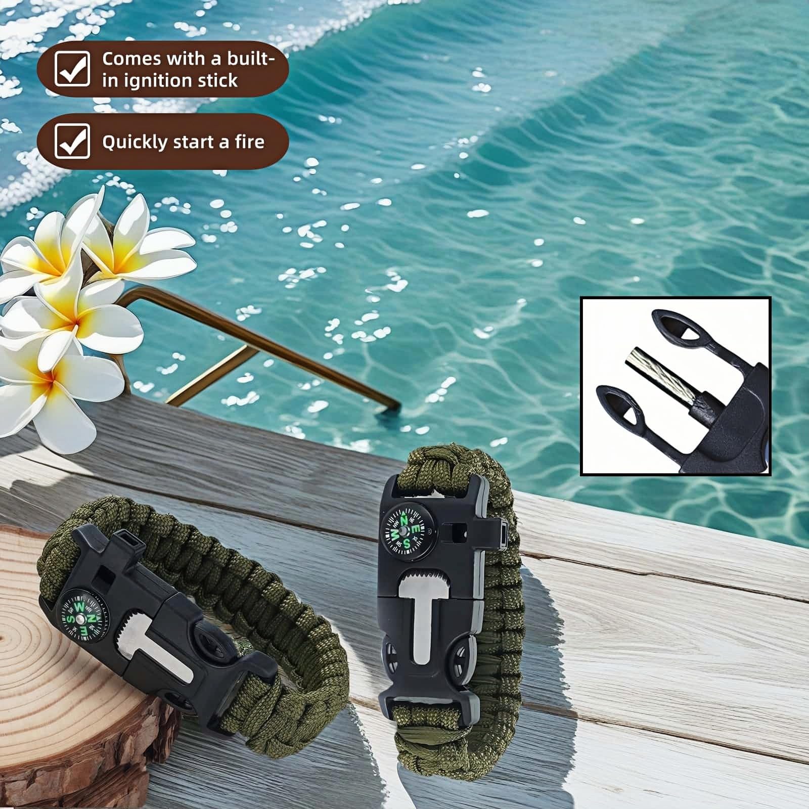 Chinshwehaw 5 in 1 Survival Bracelet-Fire Starter,Loud Whistle,Compass,Paracord Rope &