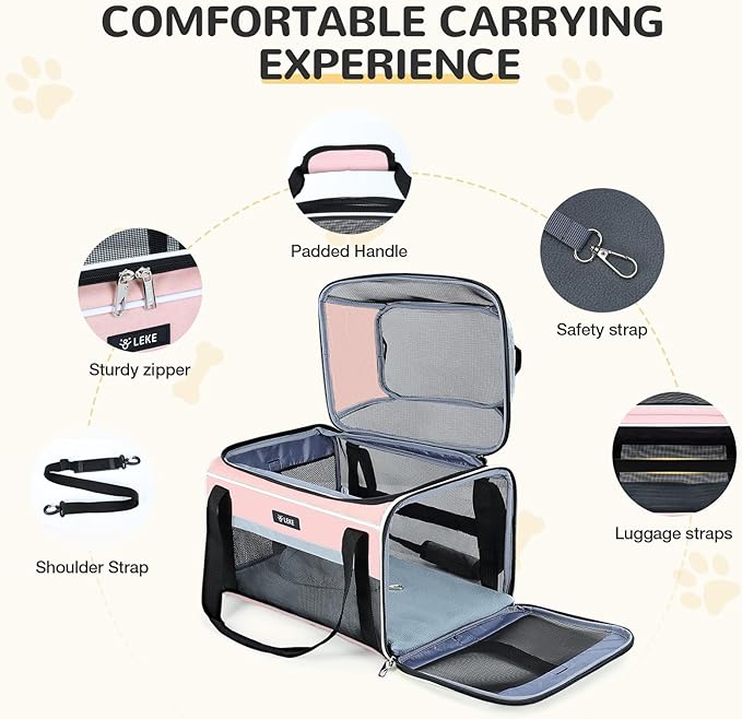 Lekereise Top-Expandable Pet Carrier - TSA Airline Approved Soft Sided Underseat Up to 12lbs Travel Carriers for Small Cats and Dogs with Locking Safety Zippers Anti-Scratch Mesh Pink