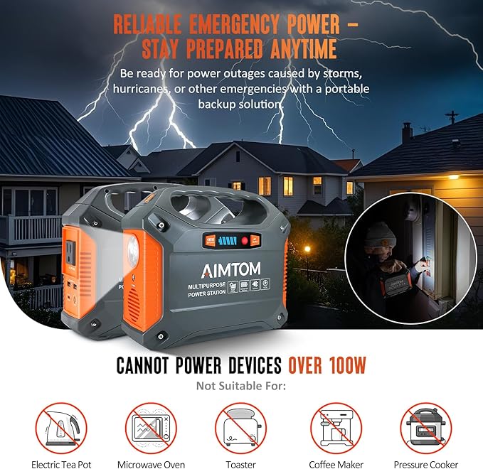 AIMTOM 155Wh Portable Power Station, 42000mAh Lithium Backup Battery with Flashlight, Solar Charging Option ??150W Peak (100W AC), 12V DC, USB & USB-C for Camping, Home, RV, Travel & Digital Nomads