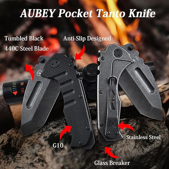 AUBEY Folding Pocket Knife with Tanto Tumbled 440C Steel Blade, Frame Lock, Black G10 Handle, Clip, Glass Breaker, Heavy Duty EDC Knife for Men Hunting, Magic Axe