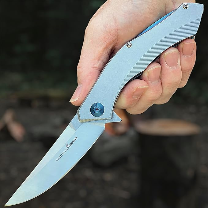TACTICAL GEARZ Pocket Knife for EDC, Stonewashed Stainless Steel Handle, D2 Steel Blade, Includes Sheath (Triton S)
