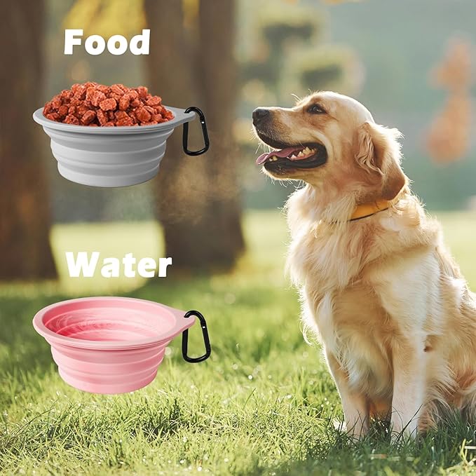PetBonus 2-Pack Large Silicone Collapsible Dog Bowls, 34oz/1000ml BPA Free Portable Foldable Travel Bowl for Pet Cat, Food Water Feeding Dish for Camping with 2 Carabiners (Grey, Chalk Pink)