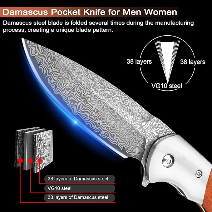 KOMWERO Damascus Pocket Knife with Clip for Men, VG10 Damascus Steel Folding Knives, EDC Damascus Knife with Leather Sheath Wooden Handle for Camping Collection