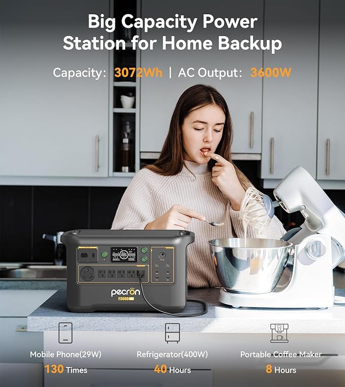 Pecron Portable Power Station F3000LFP with 3072Wh Extra Battery, 200W Solar Panel*3, 3072Wh Solar Camping Generator, 3600W Solar Generator for RV, Home Use, CPAP