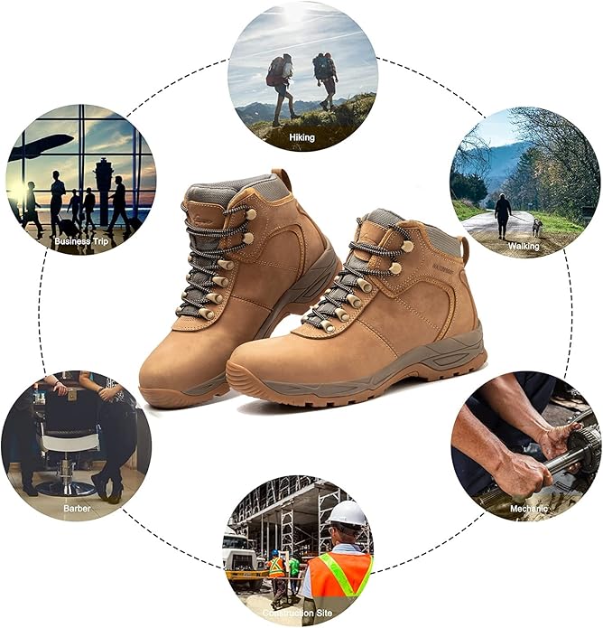 Waterproof Hiking Boots for Men, 6" Comfortable Soft Toe Shoes Mid Non Slip Hiking Shoes Outdoor Travel Shoes Leather Hiking Backpack Boots