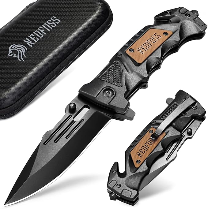 NedFoss Pocket Folding Knife DA75 Mini, 3 in 1 Pocket Knife for Men, 2.95 Inch Survival Knife with Liner-Lock Belt Clip, Seat Belt Cutter, Glass Breaker, Hunting knife for Camping Hiking