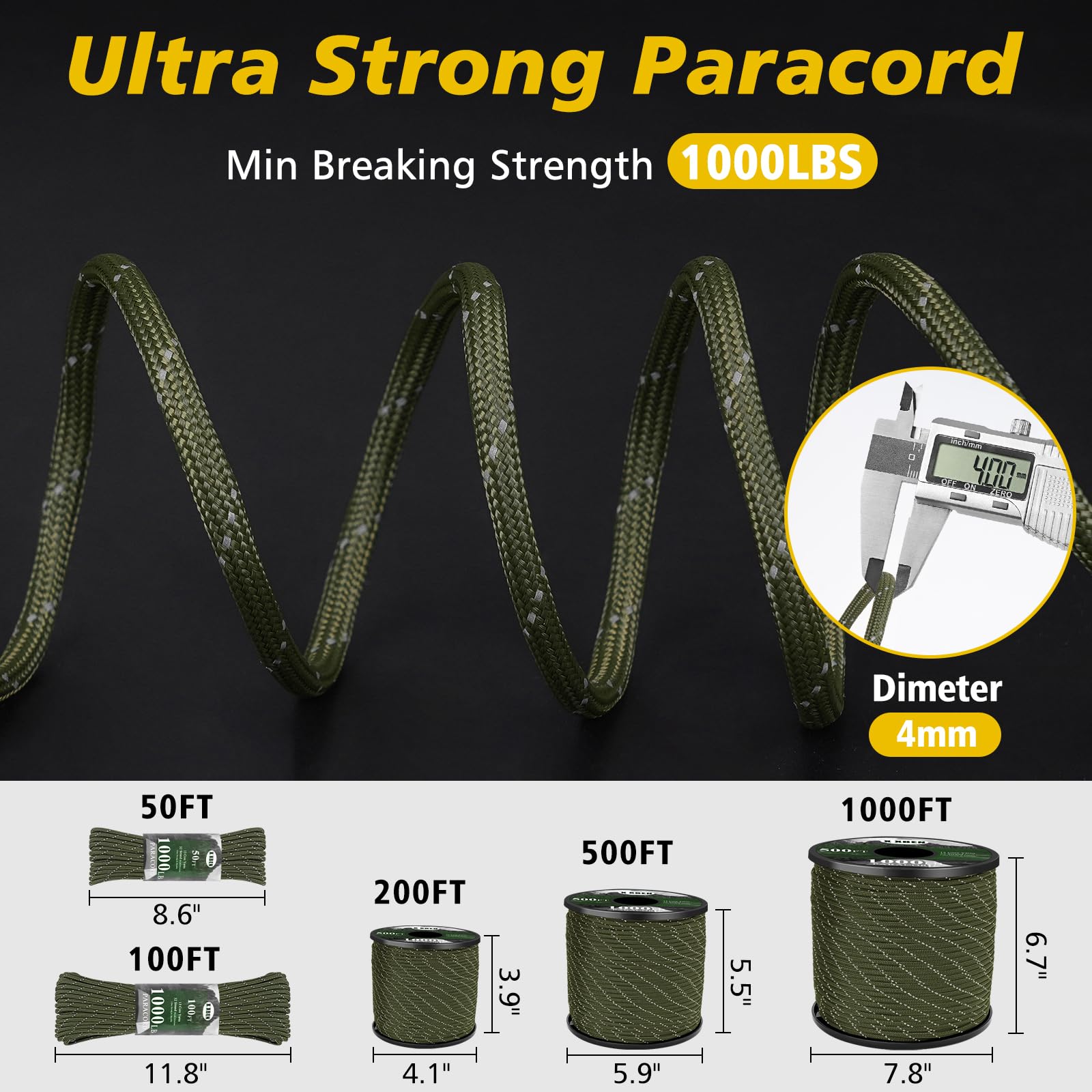 X XBEN Paracord Reflective 1000lb, 50/100/200/500/1000ft 4mm, 13 Strand Parachute Spool Cord, Heavy