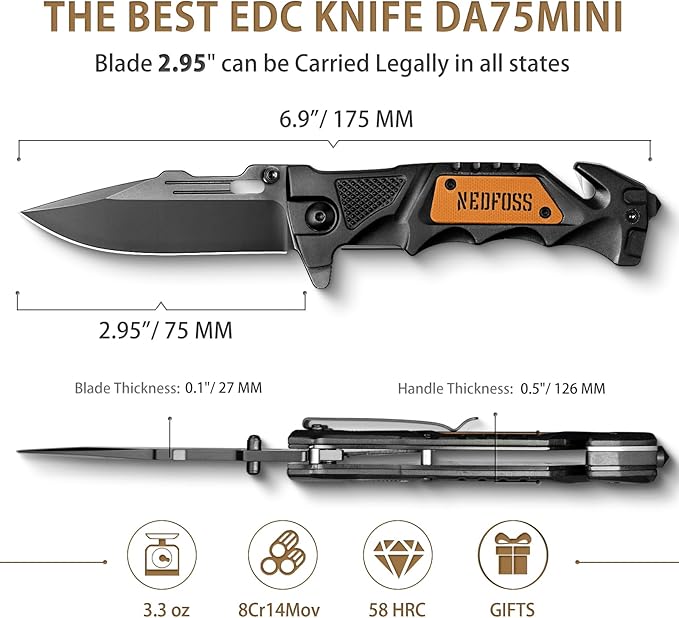 NedFoss Pocket Folding Knife DA75 Mini, 3 in 1 Pocket Knife for Men, 2.95 Inch Survival Knife with Liner-Lock Belt Clip, Seat Belt Cutter, Glass Breaker, Hunting knife for Camping Hiking