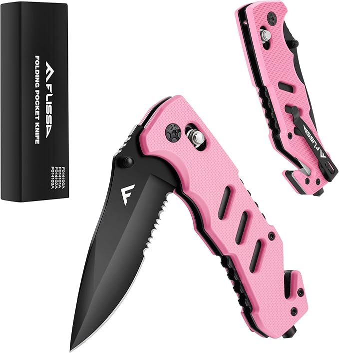 FLISSA Folding Pocket Knife with Clip, Glass Breaker and Seatbelt Cutter, Survival Knife for Emergency Rescue Situations, EDC Knife for Tactical, Hunting, Camping, Outdoor, Unique Gifts for Dad, Father-Pink