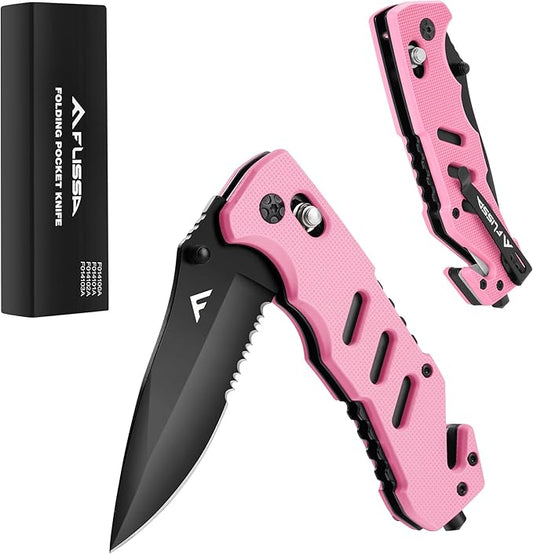 FLISSA Folding Pocket Knife with Clip, Glass Breaker and Seatbelt Cutter, Survival Knife for Emergency Rescue Situations, EDC Knife for Tactical, Hunting, Camping, Outdoor, Unique Gifts for Dad, Father-Pink