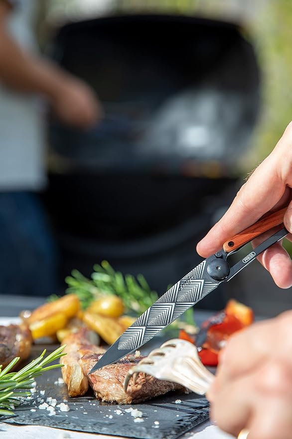 deejo - 0.9 OZ, Black Titanium, Coral Wood, Art Déco - Ultra-Light Folding Pocket Knife with a Belt Clip - Z40C13 Stainless Steel