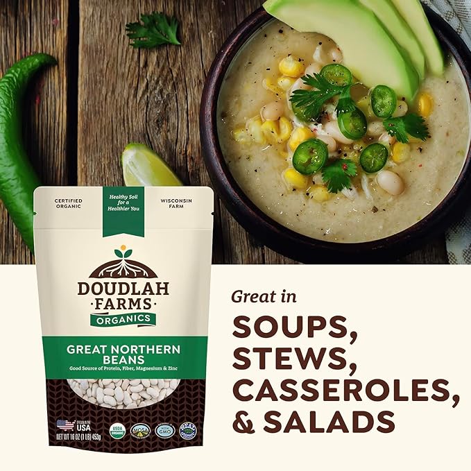 Organic Great Northern Beans 1lb Bulk by Doudlah Farms - Farmed From Regenerative Soil - Tested Clean Certified - Vegan, Non-GMO, Grown In USA - Fiber & Protein for Soups, Burritos, Salads, and Chili