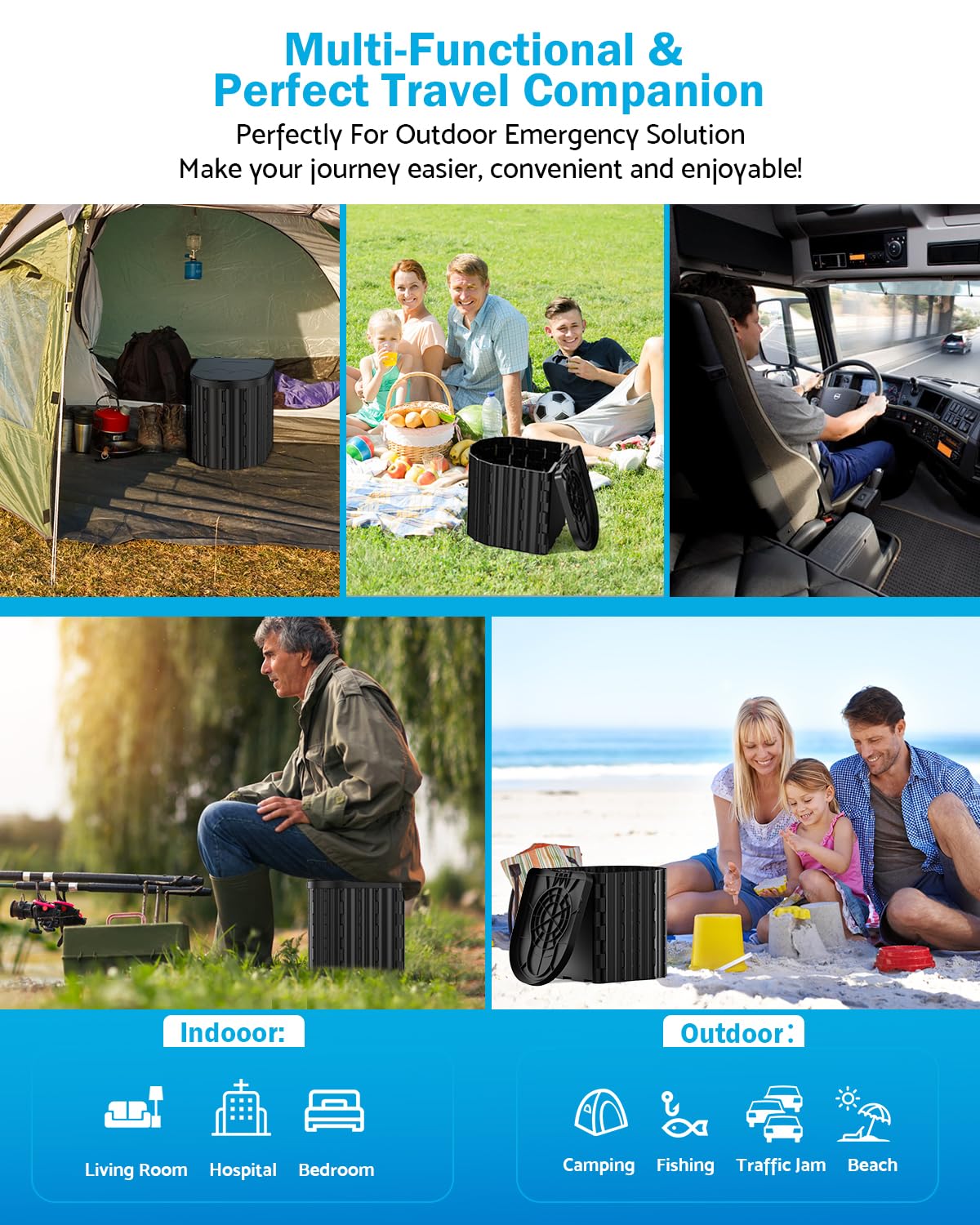 Portable Toilet, Upgraded 15'' toilet With Removable Paper Holder, Camping Toilet With A Load