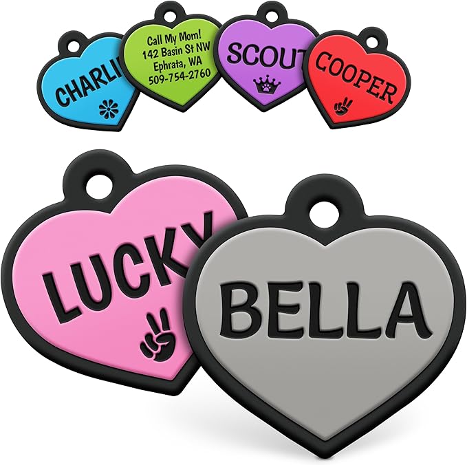 GoTags Silicone Dog Tags, Soundless Pet Tag, Personalized Silent Tag Engraved for Pets with Cute Custom Designs, for Dogs and Cats, (Heart, Gray)