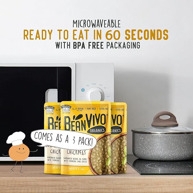 BeanVIVO (Pack of 3) Organics 14g Plant based Protein Coconut Curry Chickpeas - Good Source of Fiber - Nutritious & Microwave Meals - Gluten-Free Plant Food - 10 oz