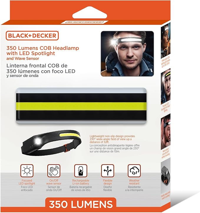 BLACK+DECKER Rechargeable Headlamp with Flashlight & Wave Sensor, 350 Lumens LED 230° Wide Beam Head Light, IP65 Waterproof, 4 Brightness Settings & SOS Mode, Fits Over Helmets, Head Lamp for Camping