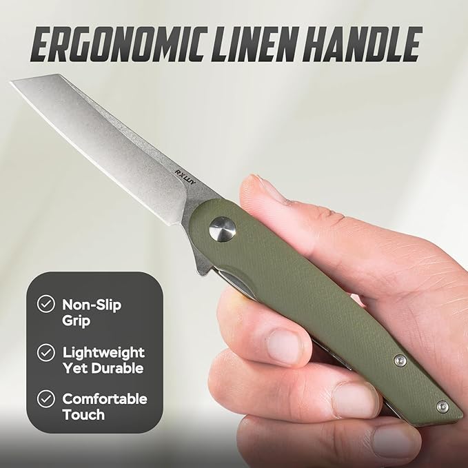 Folding Pocket Knife, 2.79??14C28N Steel Blade Micarta Handle Flipper Liner Lock Small Praxis EDC Folding Knife, Sharp Camping Outdoor Survival Knives for Men Women (Green)
