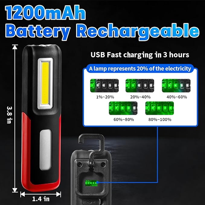 Rechargeable LED Work Light with Magnetic Base Portable Task Inspection Trouble Lights Lamp is Small and Reliable and Super Bright, for Tool Gifts for Men(Red)