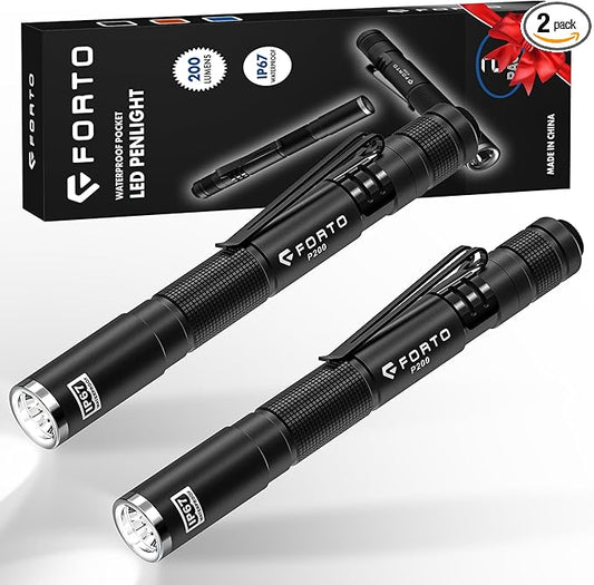 FORTO LED Pen Light, 200 Lumens Pocket Flashlight, IP67 Waterproof, 2 Modes, 2 Pack with AAA Batteries, Lightweight & Durable for Inspection, Medical Use, Emergency(Black)