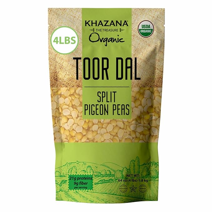 Khazana Toor Dal Split Yellow Pigeon Peas (4lb) - Organic, NON-GMO, Gluten Free & Kosher - Authentic Lentils from India