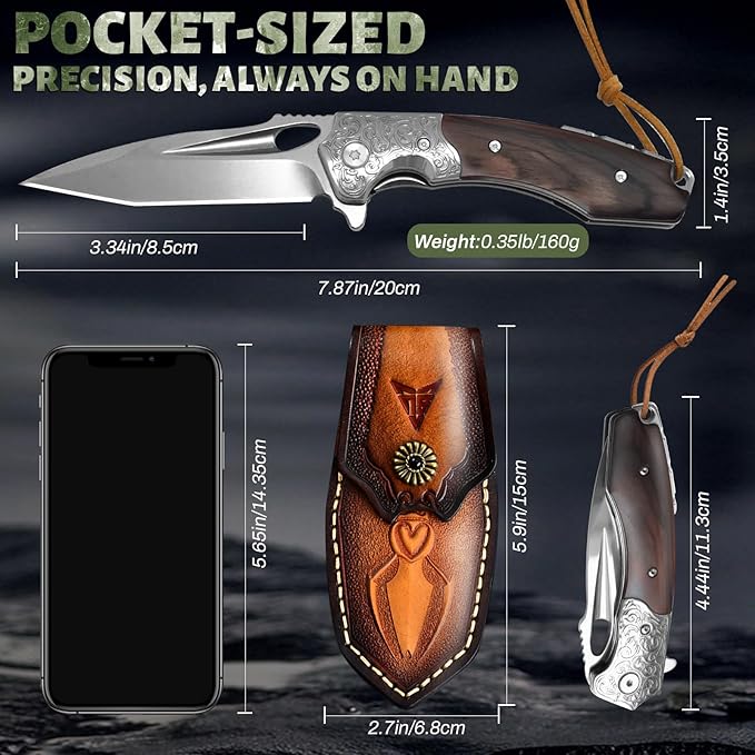 Hunting knife with Sheath, 7.87inch, Eagle brown Sharp Blade 3.6-inch M390 Steel Folding Pocket Knife with Brown Wood Steel Handle, Skinning Knife for Hunting, Fishing