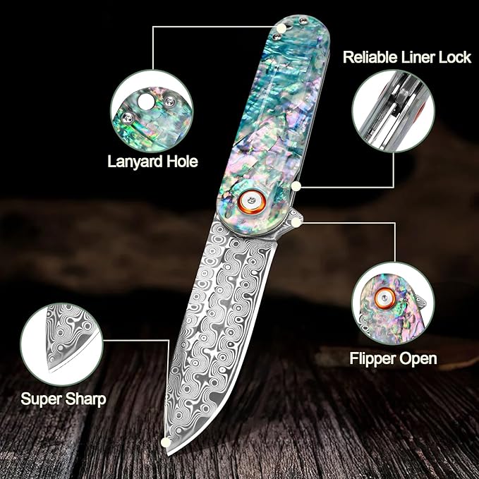 Damascus Pocket Knife with Sheath 2.95" Damascus Steel Blade Folding Knife with Abalone Shell Handle EDC Pocket Knives for Men Women Outdoor Indoor Camping