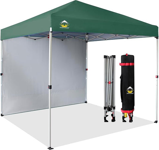 CROWN SHADES 8x8 Pop up Canopy Instant Canopy with 1 Removable Sidewall,4 Ropes & 8 Stakes, STO'N and Go Bag, Forest Green