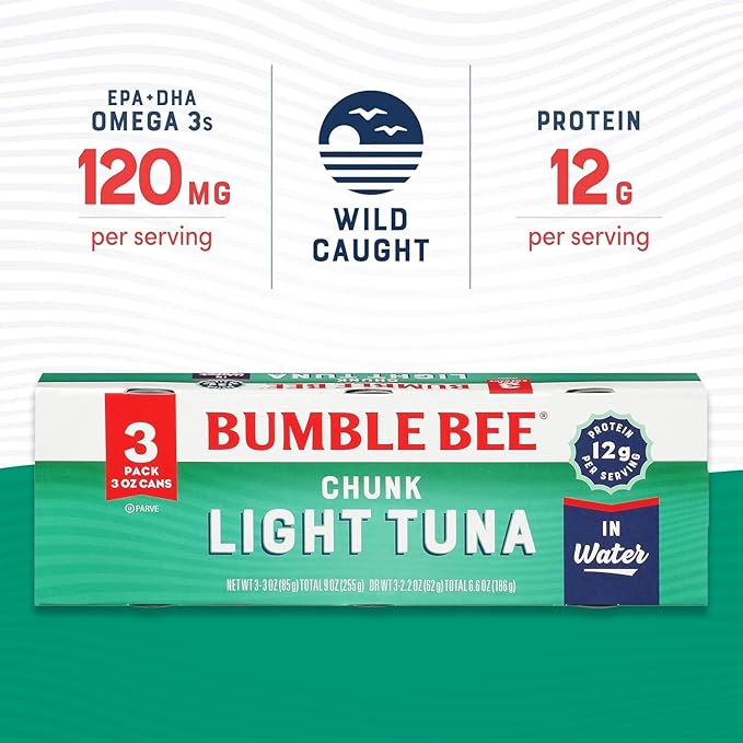 Bumble Bee Chunk Light Tuna In Water, 3 oz Cans (Pack of 3) - Wild Caught Skipjack Tuna - 12g Protein Per Serving - MSC Certified Sustainable Seafood, Non-GMO, Gluten Free, Kosher