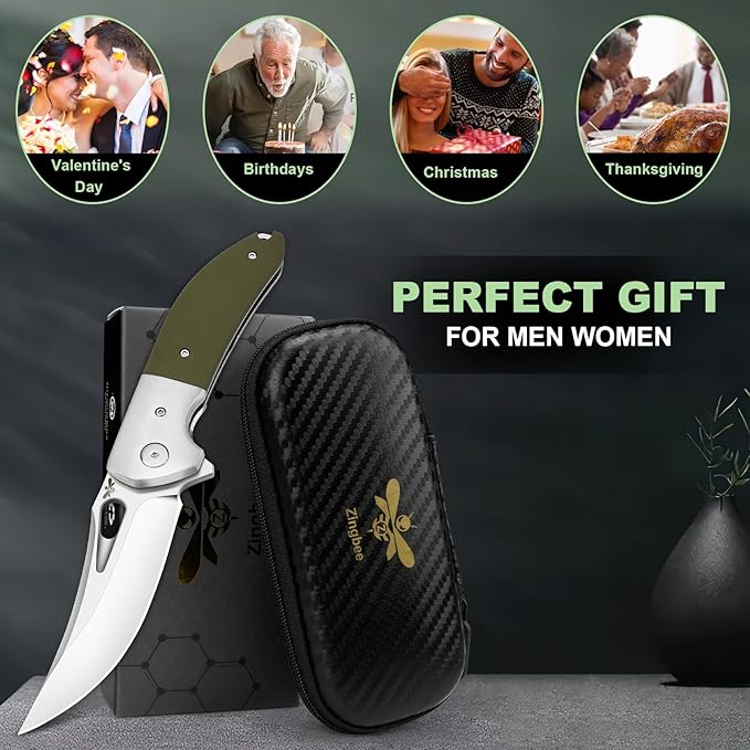 Pocket Knife with Clip, 3.7" 14C28N Blade EDC Folding Knife with Green G10 Handle, Outdoor Camping Folding Knives for Men Women