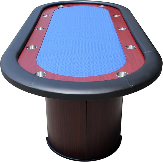 Poker Table 96 inches for 10 Players Casino Game with Wooden Texture Racetrack Luna Legs Cup Holders Blue Speed Cloth