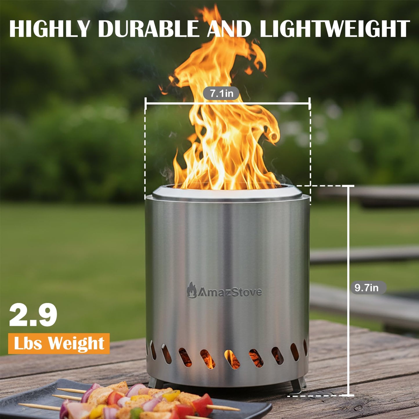 9.7 x 7.1 Inch Tabletop Fire Pit by AmazStove, Low Smoke Camping Stove for Outdoor Safe Burning