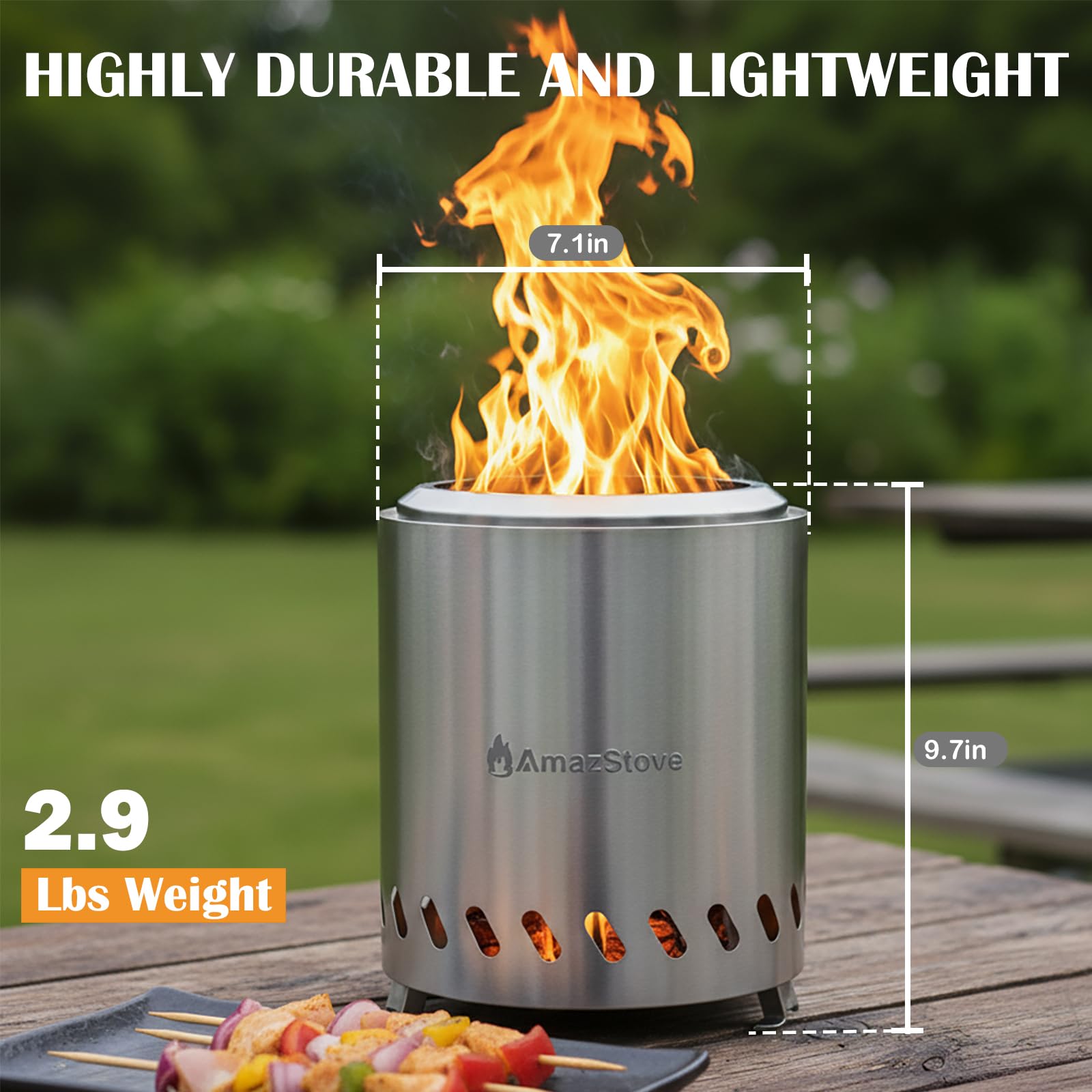 9.7 x 7.1 Inch Tabletop Fire Pit by AmazStove, Low Smoke Camping Stove for Outdoor Safe Burning