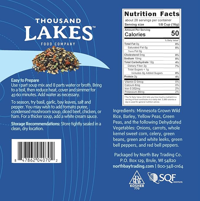 Thousand Lakes Minnesota Wild Rice Soup Mix with Vegetables - 1 pound | Fat Free | 20+ Servings | 100% Natural | Vegetarian