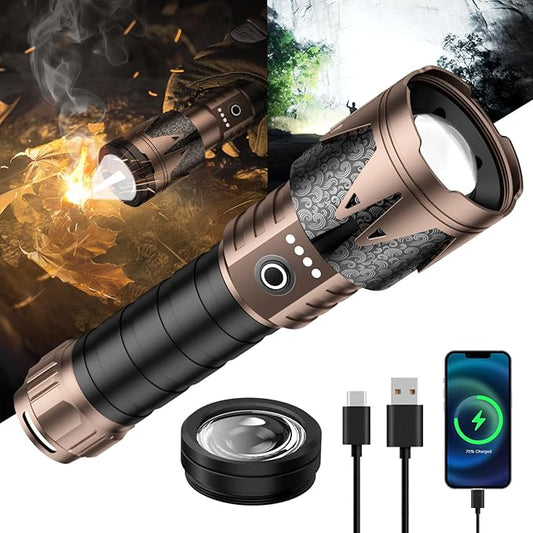 SKYFIRE LED Flashlights High Lumens with Ignition Lens,9000 Super Bright Tactical Flashlights,Zoomable,Five Modes,Waterproof Flash Light for Camping Essentials,Outdoor,Home Emergency-Upgraded