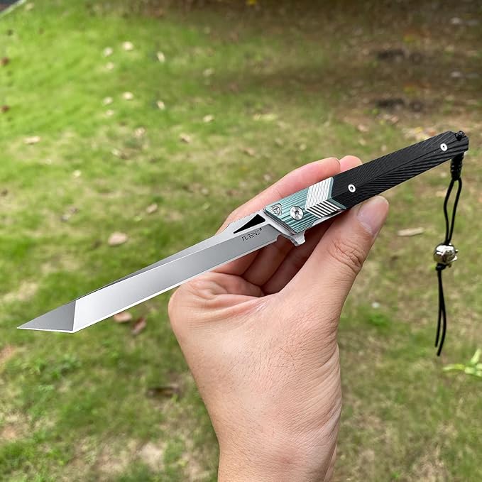 Folding Knife with Clip, 14C28N Steel Tanto Blade, Non-slip Titanium Alloy Handle Lightweight EDC Gentleman's Pocket Knife with Sheath for Belt