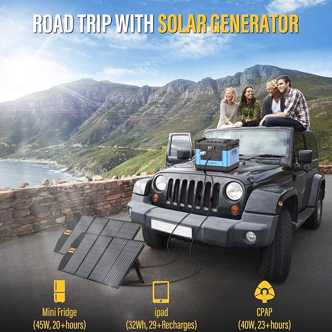 Lipower Solar Generator, 1120Wh Power Station 3 * 1000W AC Outlets(2000W peak), 60W USB-C Output, Generator for Camping, CPAP, Home BackupBlue+2 Solar Panels