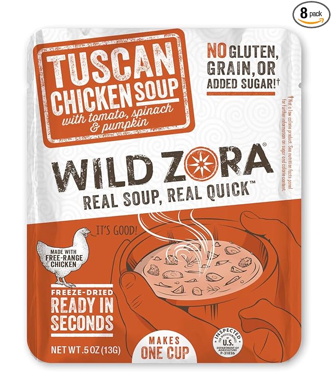 Wild Zora Instant Keto-Friendly Soups Tuscan Chicken 8-pack Broth Made with Free-Range Chicken, and Vegetables, Gluten-Free, Low Carb, No Added Sugar, Flavorful Pantry Staples - 0.5oz/13g
