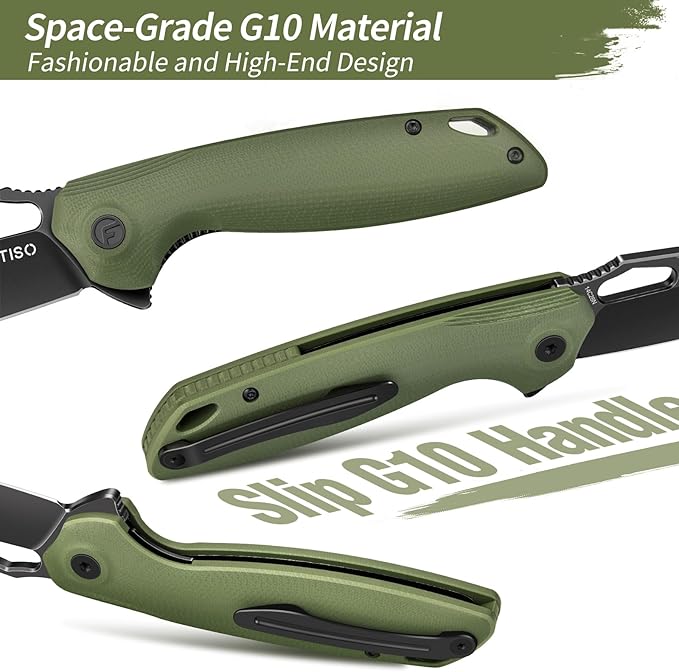 FINTISO Pocket Knife 3.38" Folding Knife Premium 14C28N Blade with G10 Handle, Camping Survival Hiking Knife, Best Gift for Men Women, Atlas Series