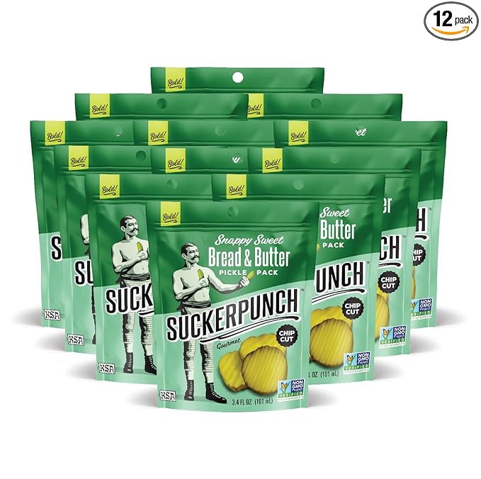 SuckerPunch Snappy Sweet Bread N’ Butter Dill Pickles Chip-Cut, Gluten Free, Kosher, Sugar Free, Low Calorie, Low Carb, on the Go, Non GMO, Keto Friendly, Vegan, 3.4 Oz Single Serve Pouch (12 Pack)