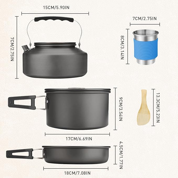 Camping Cookware Camping Cooking Set, Non-Stick Pots and Pans with Kettle, 2 Stainless Steel Plates, 2 Water Cups, 2 Sets of Knives and Forks, Spatula, Dish Towel, Backpack Storage Bag
