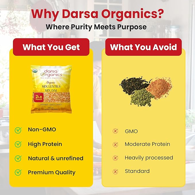 Darsa Organics Mixed Lentils (Panchratna Dal) 2lb | USDA Organic, Non-GMO, Kosher | Superfood Rich in Protein & Fiber | Great for Soup Mix, Stews, & Curries