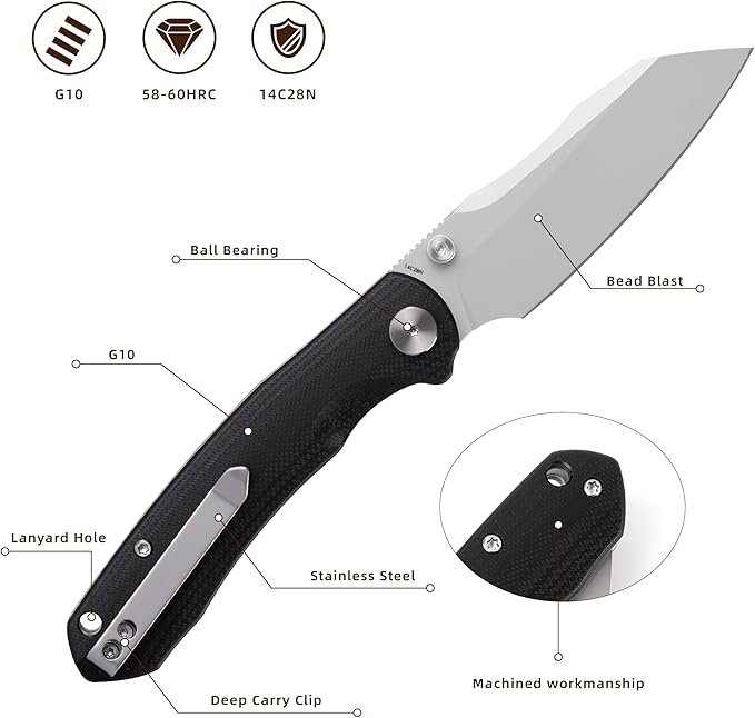 Folding Pocket Knife, 3.35" 14C28N Blade G10 Handle EDC Knife with Liner Lock, Small Pocket Knife with Clip for Men, Sharp Camping Hiking Hunting Survival Knives (Silver)