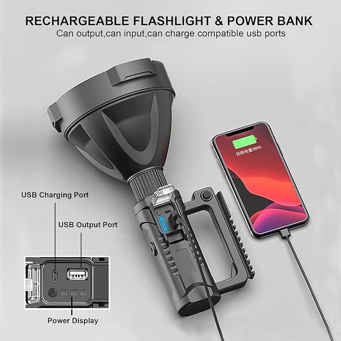 Rechargeable Spotlight Flashlight High Lumens, 3000 Lumens Super Bright Led Searchlight with Tripod and USB Output, IPX5 Waterproof 4 Modes Handheld Spotlight for Camping Hiking