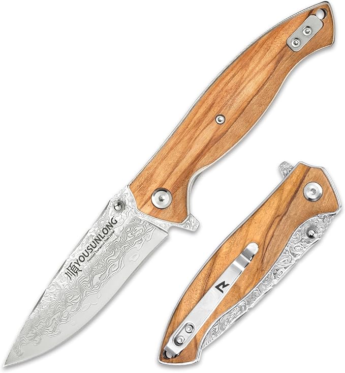 YOUSUNLONG Pocket Folding Knife - Japanese Damascus Steel Blade Overall 191mm Camping Knife - Italian Olive Wood Cover