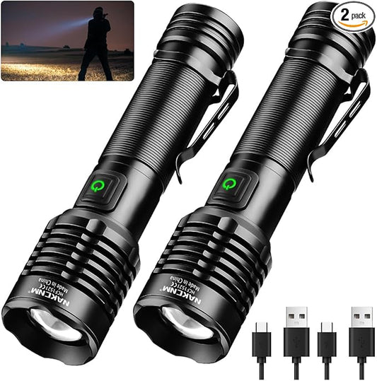 NAKCNM Rechargeable Flashlight High Lumens 2000, 5 Modes Small Powerful Super Bright Flashlights LED Strong Pocket Flash Light USB C with Clip for Home,Camping(2 Pack)
