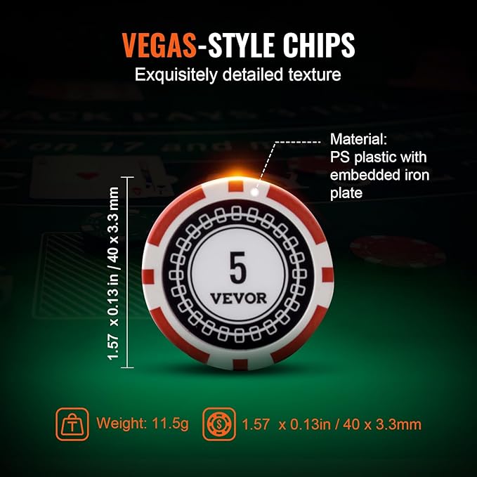 VEVOR Poker Chip Set, 300-Piece Poker Set, Complete Poker Playing Game Set with Aluminum Carrying Case, 11.5 Gram Casino Chips, Cards, Buttons and Dices, for Texas Hold'em, Blackjack, Gambling